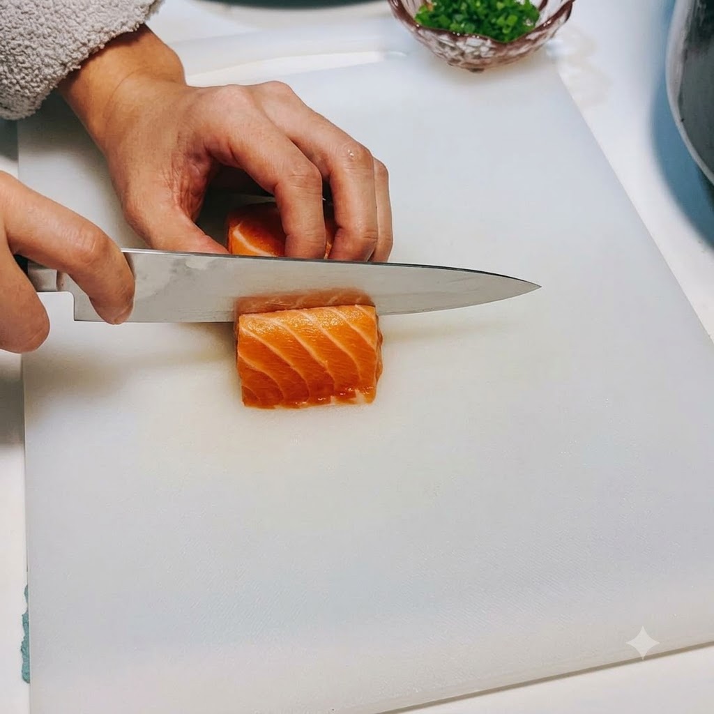 Un coltello affilato che taglia un blocco di salmone crudo in cubetti puliti e della dimensione di un boccone.