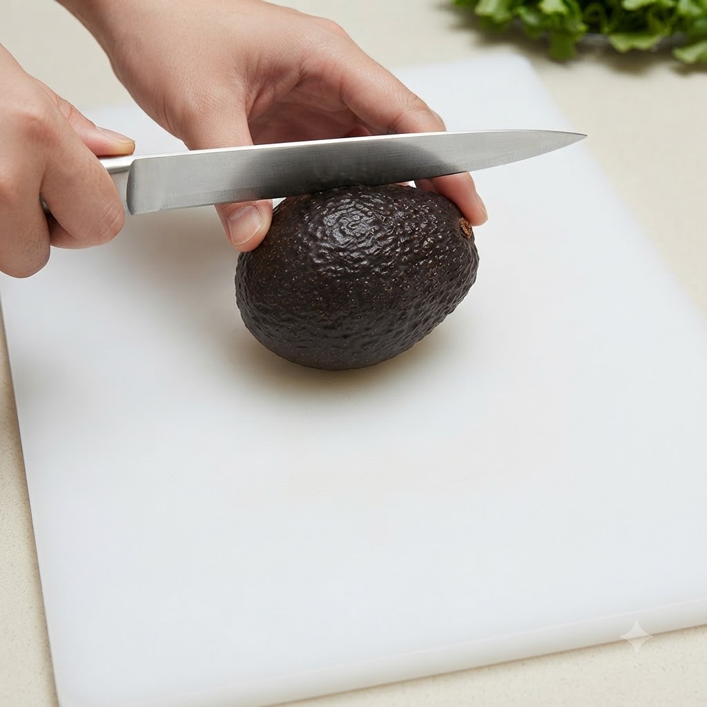 Un coltello appoggiato su un avocado maturo intero posizionato su un tagliere bianco.