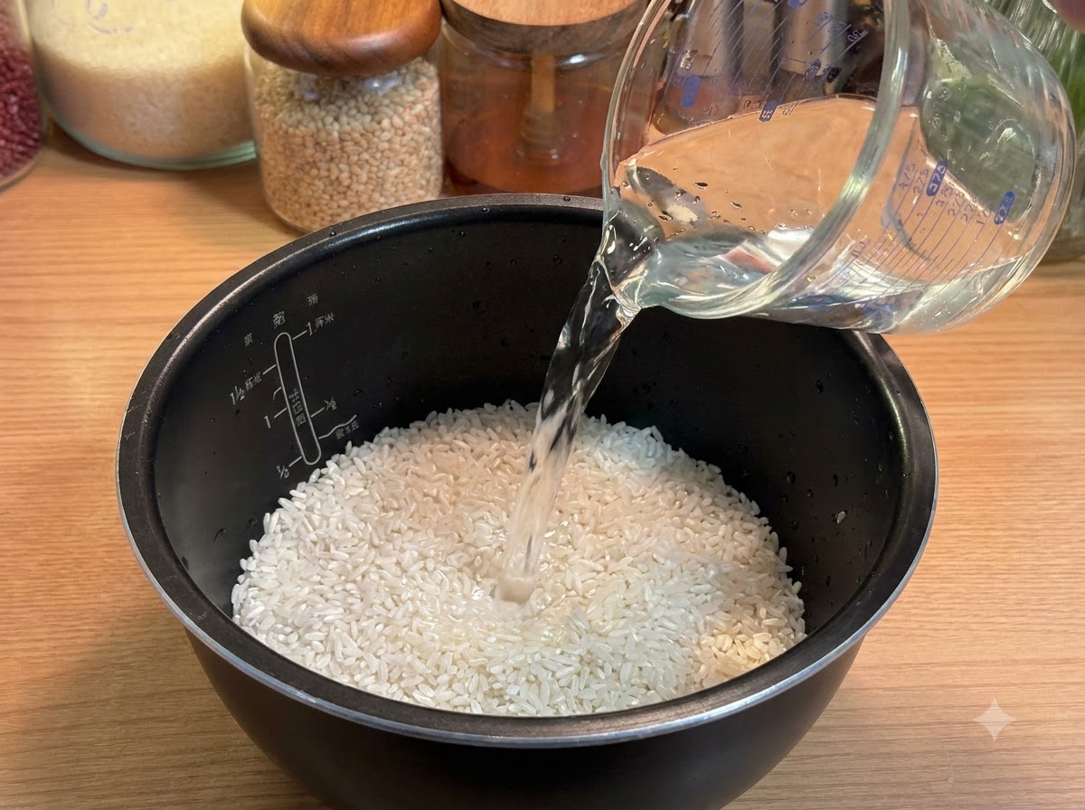 Acqua versata da un misuratore di vetro in una pentola cuociriso con riso bianco.