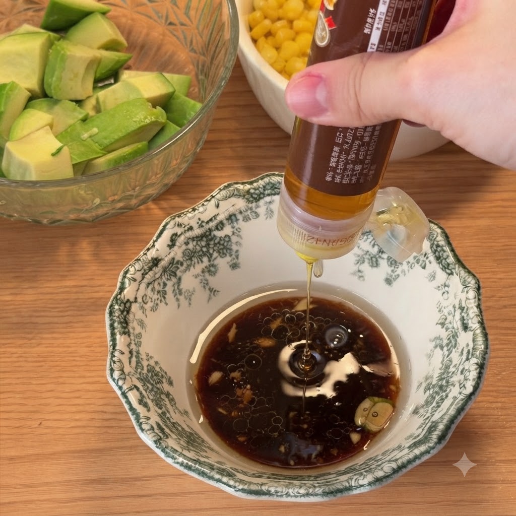 Miele spremuto in una ciotola con un composto di salsa di soia scura.