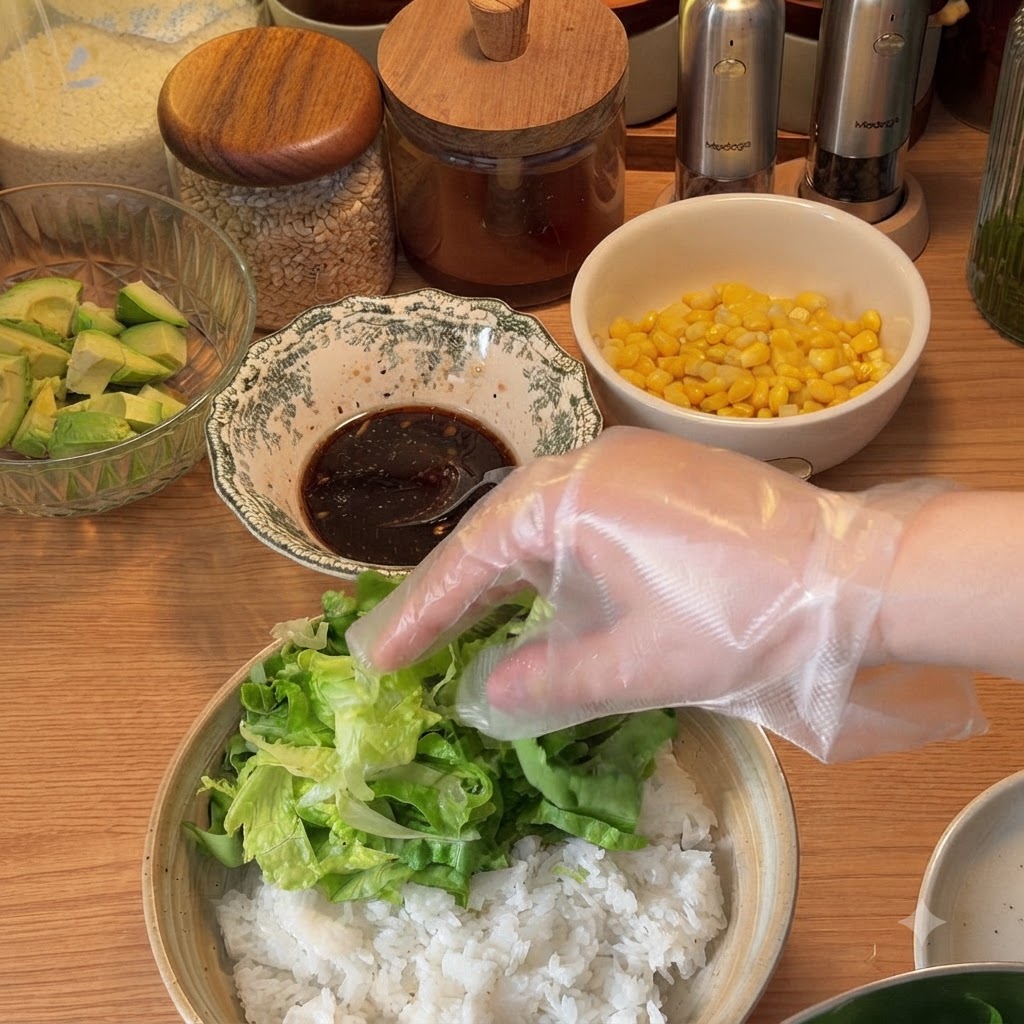 Insalata tagliata e tonno in scatola posti sopra il riso bianco cotto in una ciotola.