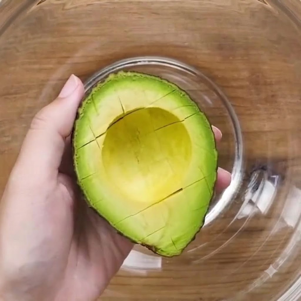 Una mano che tiene una metà di avocado inciso sopra una ciotola di vetro, usando un cucchiaio per estrarre i pezzetti.