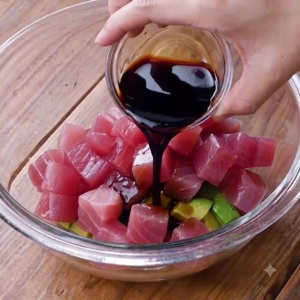Salsa scura versata da un piccolo contenitore di vetro sulla ciotola piena di cubetti di tonno e avocado.