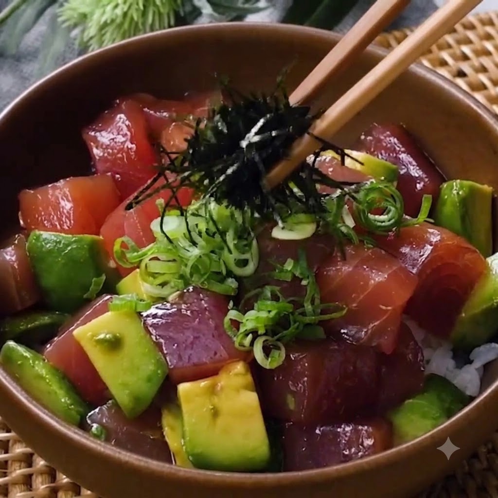 Bacchette che posizionano un pizzico di alga tritata al centro della poke bowl come guarnizione.