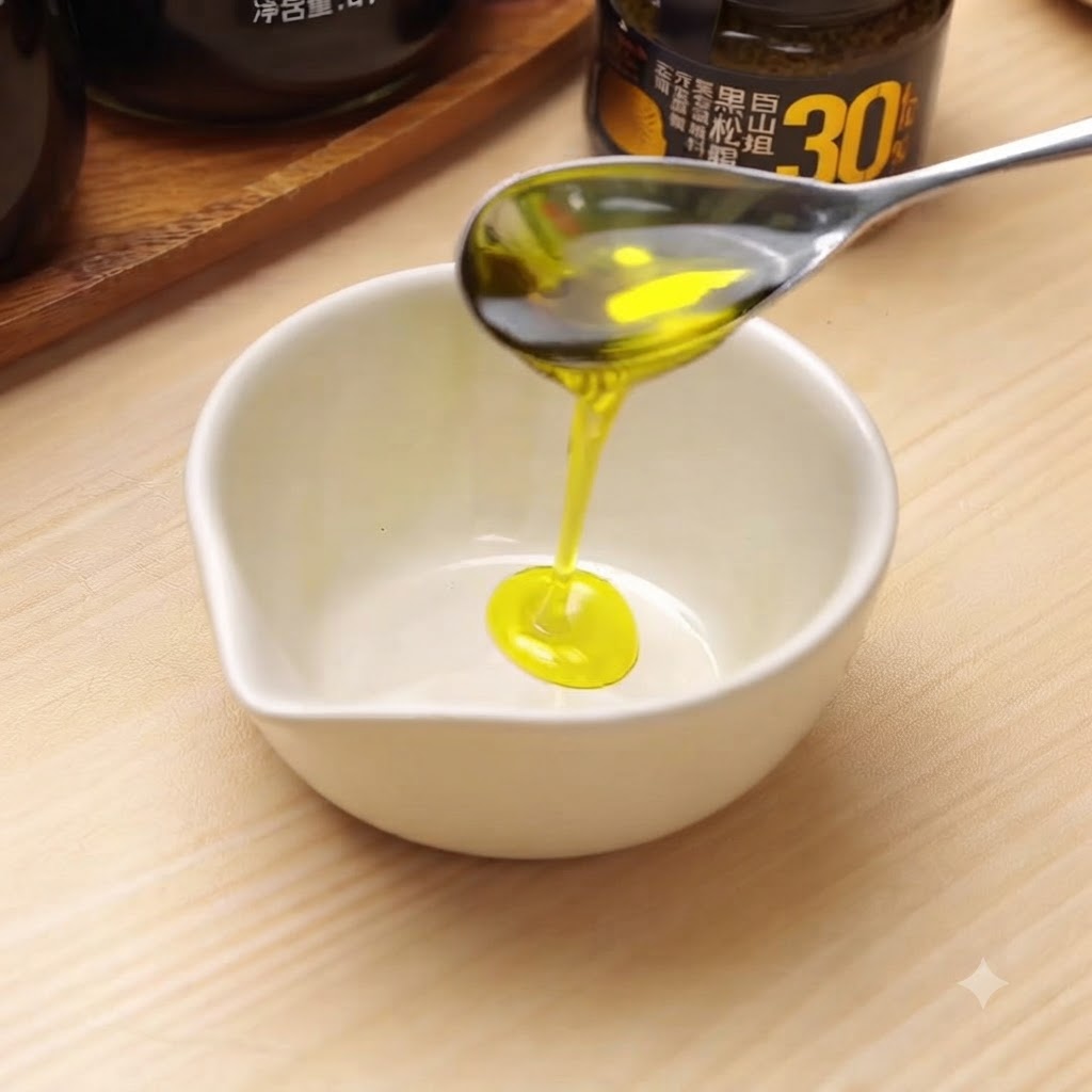Olio doliva che viene versato in una ciotola bianca piccola insieme ad altri ingredienti per il condimento.