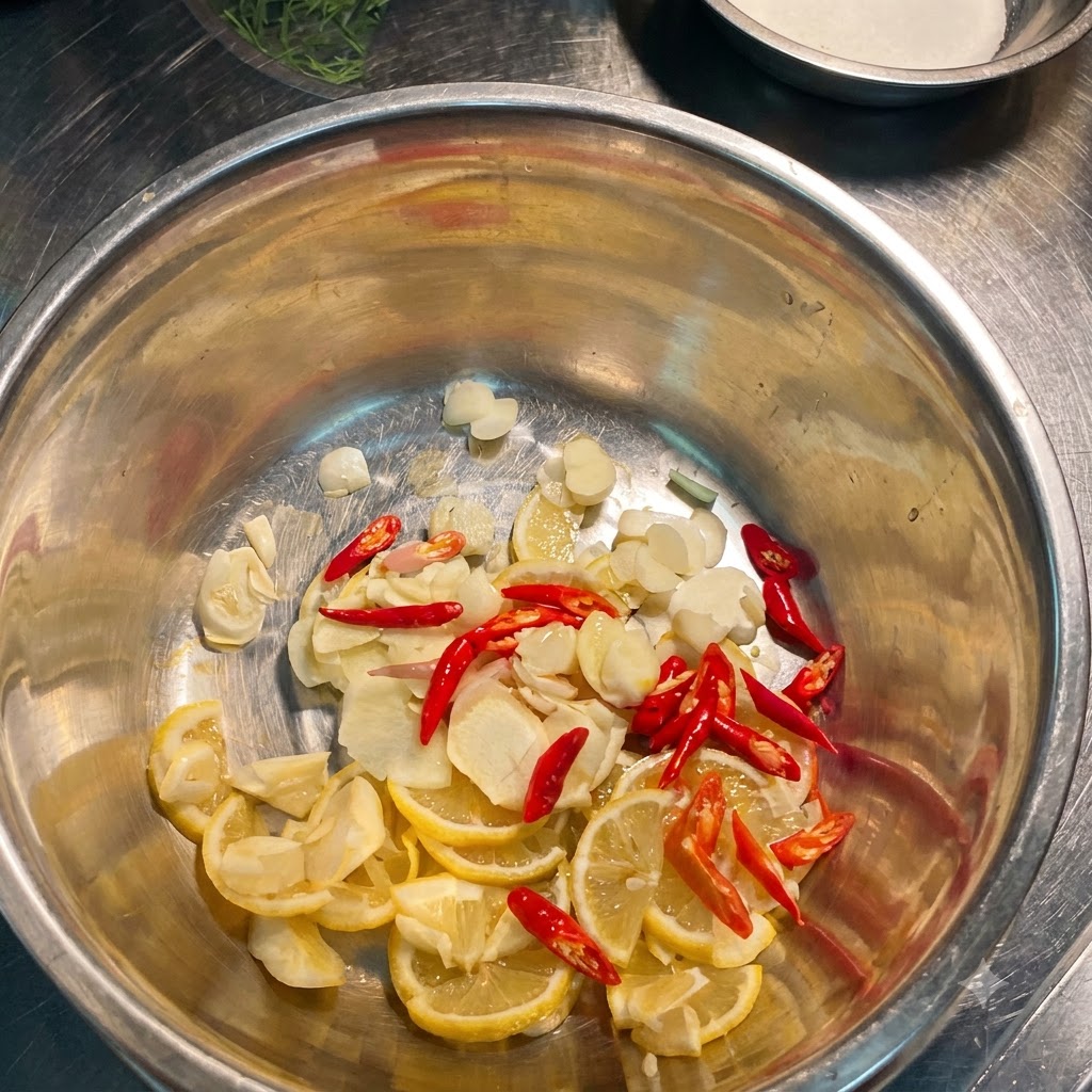 Rosmarino fresco e coriandolo verde disposti a strati sopra la miscela di limone e peperoncino allinterno della ciotola.