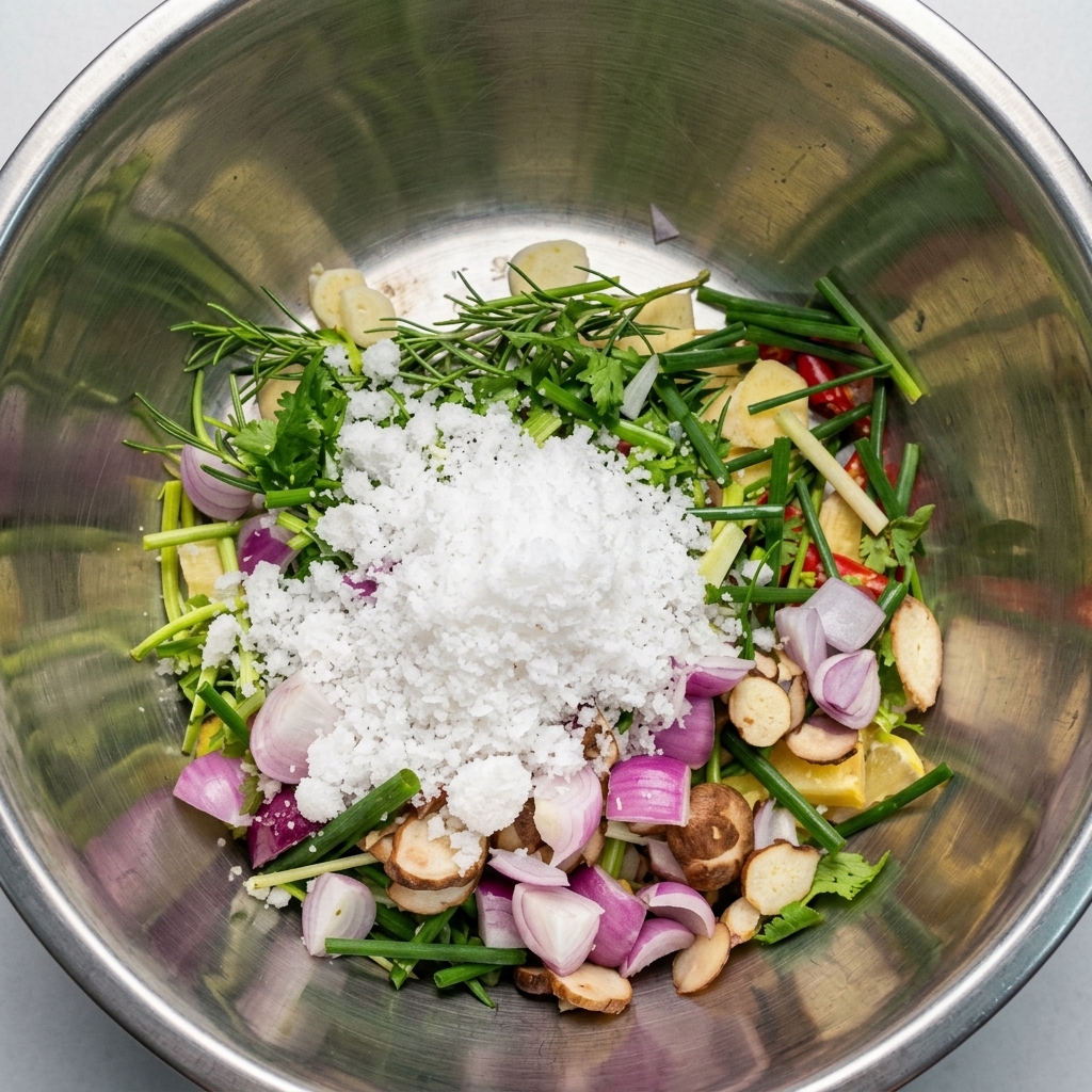 Un mucchio di zucchero semolato bianco adagiato sopra le verdure tritate nella ciotola di miscelazione.