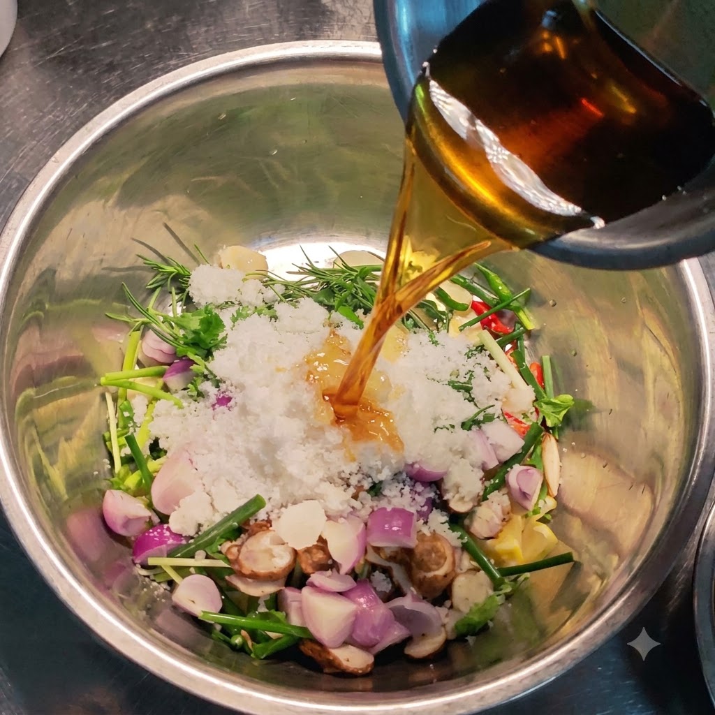 Salsa di ostriche e olio di sesamo versati nella ciotola centrale contenente verdure e zucchero.