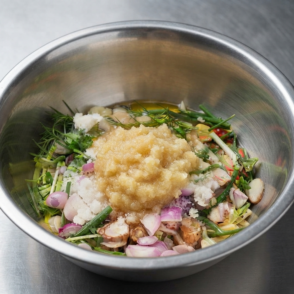 Salsa di soia scura e salsa di soia chiara incorporate nella ciotola con il resto degli ingredienti della marinata.
