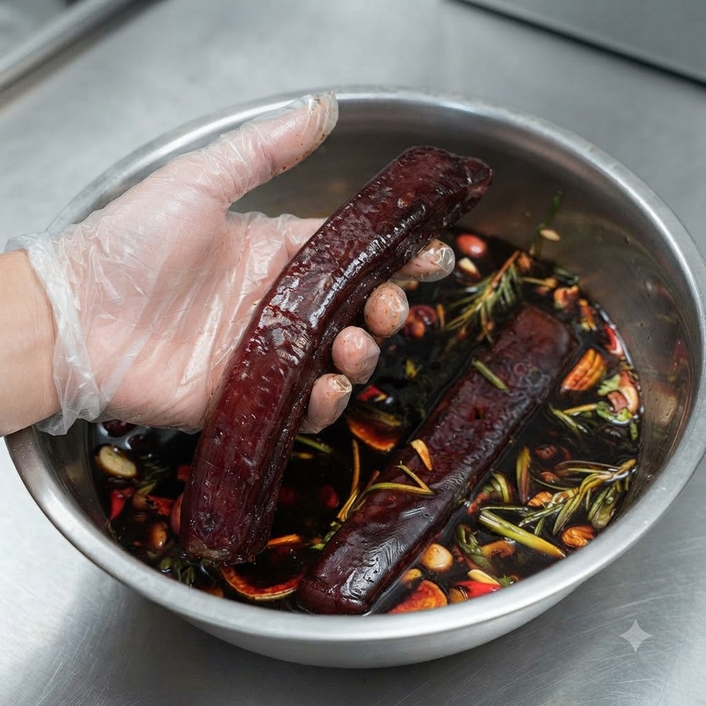 Una mano guantata che tiene un blocco di tonno lungo e marinato scuro sopra una ciotola dacciaio piena di marinata ed erbe.