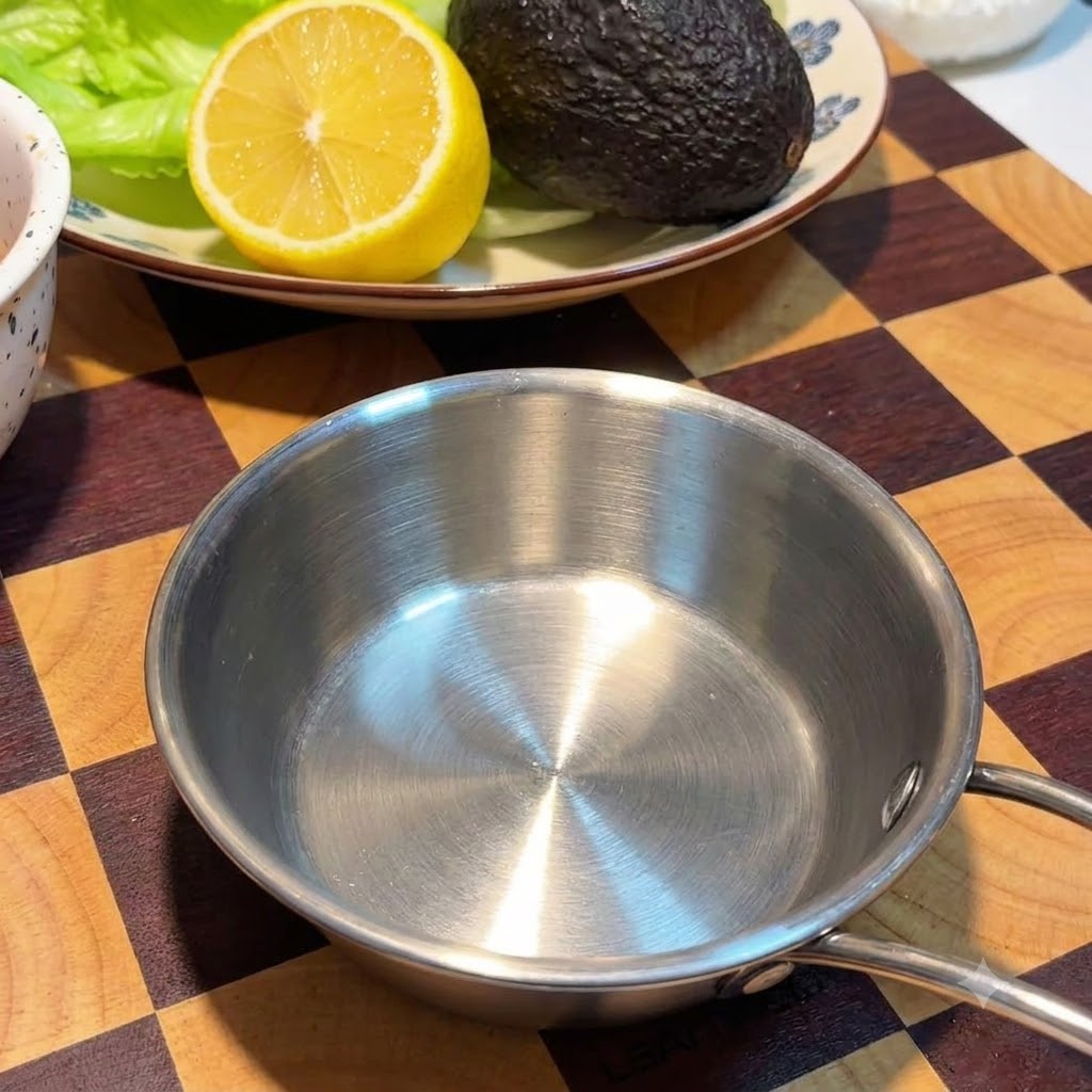 Una piccola ciotola di acciaio inossidabile vuota posizionata su un tagliere di legno a quadretti accanto a un piatto con un limone e un avocado.