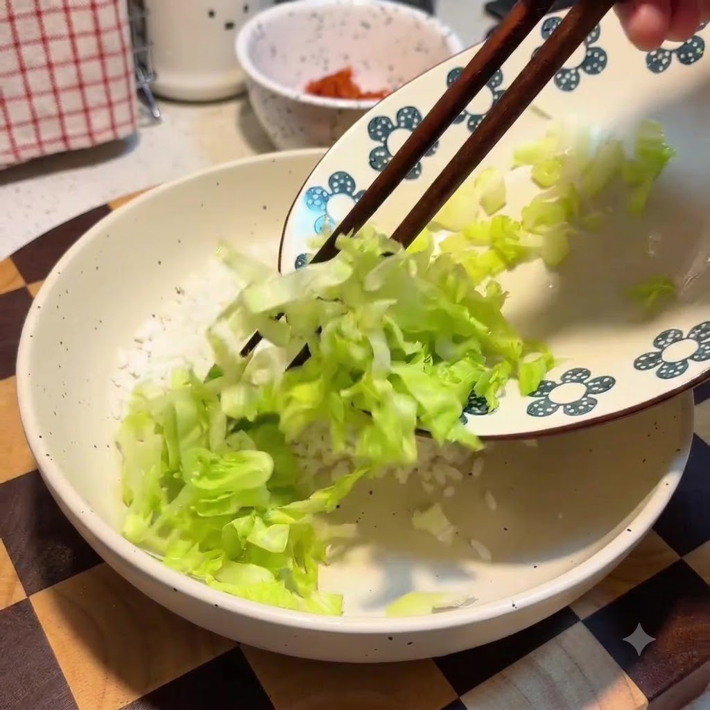 Bacchette che trasferiscono lattuga verde tritata da un piatto decorativo sopra uno strato di riso bianco allinterno di una ciotola grande.