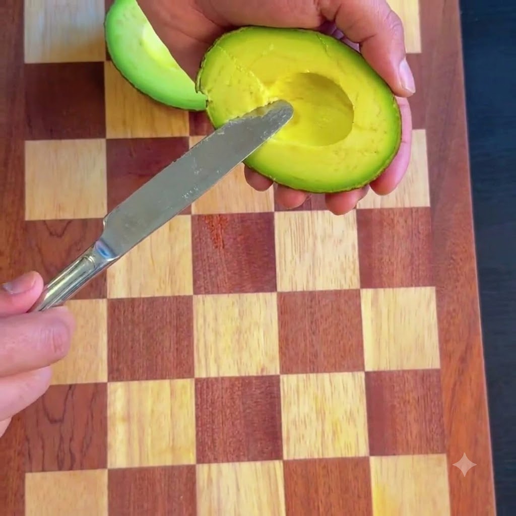 Il nocciolo dellavocado viene rimosso con un cucchiaio e la polpa viene scavata in una ciotola.