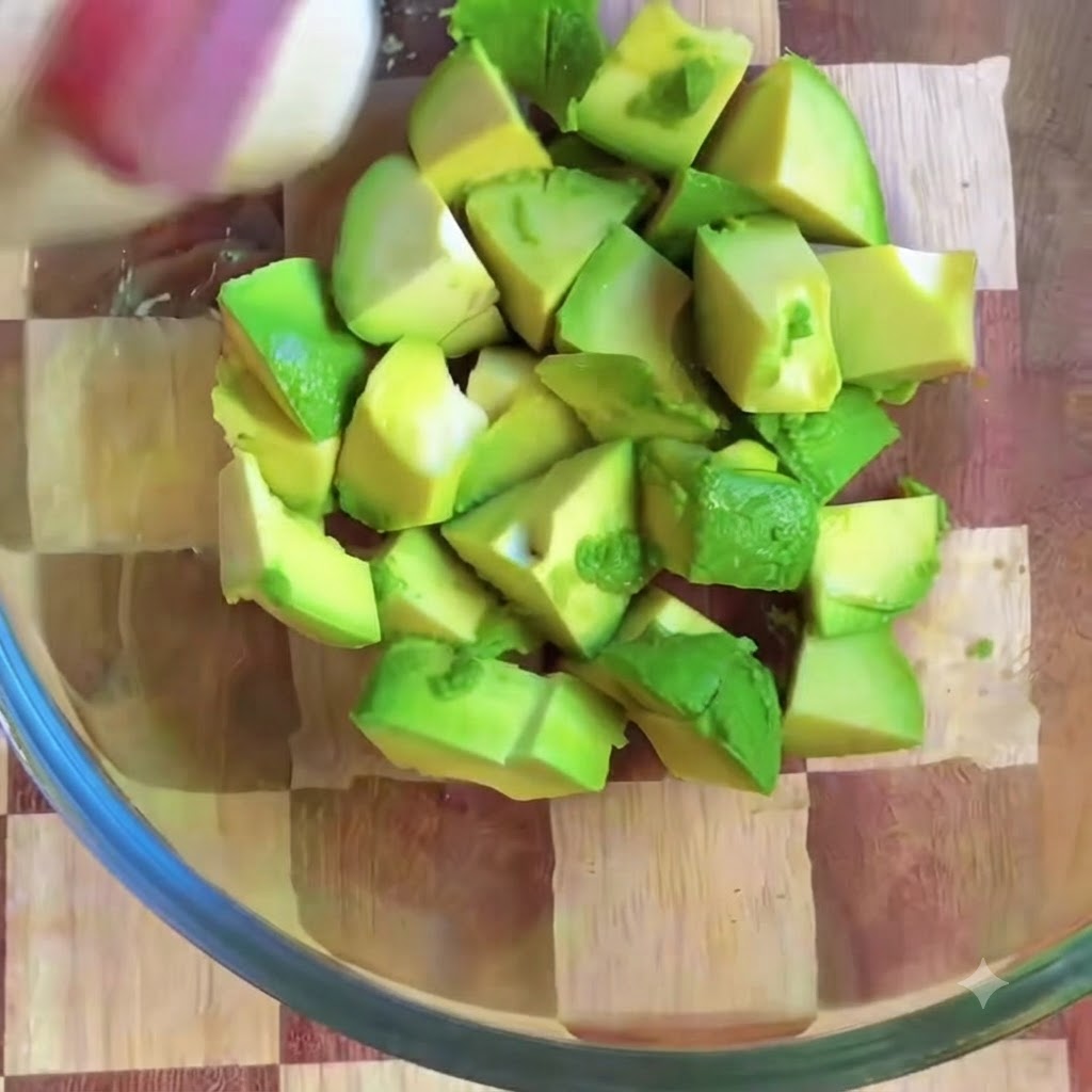 Succo di limone spremuto sopra i pezzi di avocado tagliati a cubetti in una ciotola.