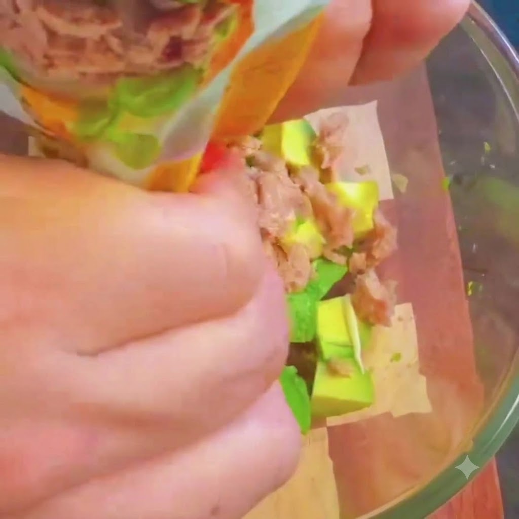 Tonno in scatola, maionese, miso e pepe combinati con lavocado in una ciotola di vetro.