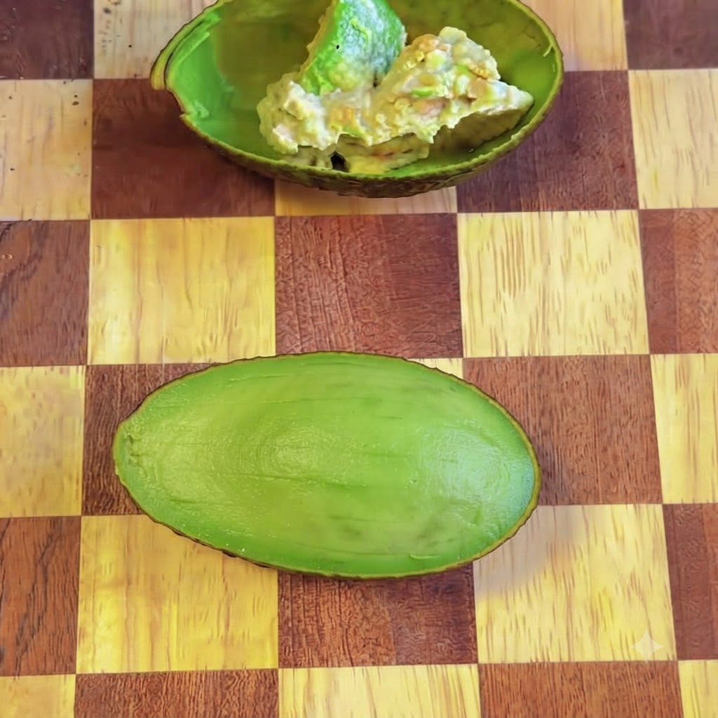 Il composto di tonno e avocado viene messo a cucchiaiate nel guscio vuoto dellavocado.