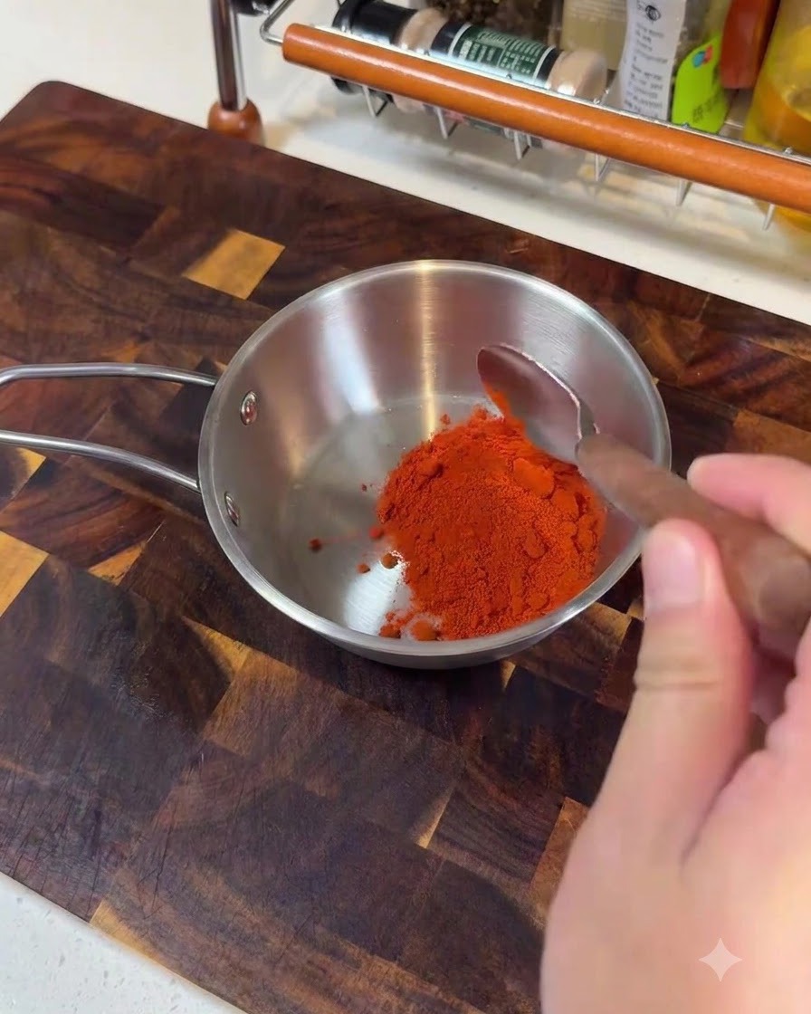 Peperoncino in polvere fine, peperoncino in polvere grosso, pasta di peperoncino coreana e condimenti aggiunti in una piccola pentola di metallo.