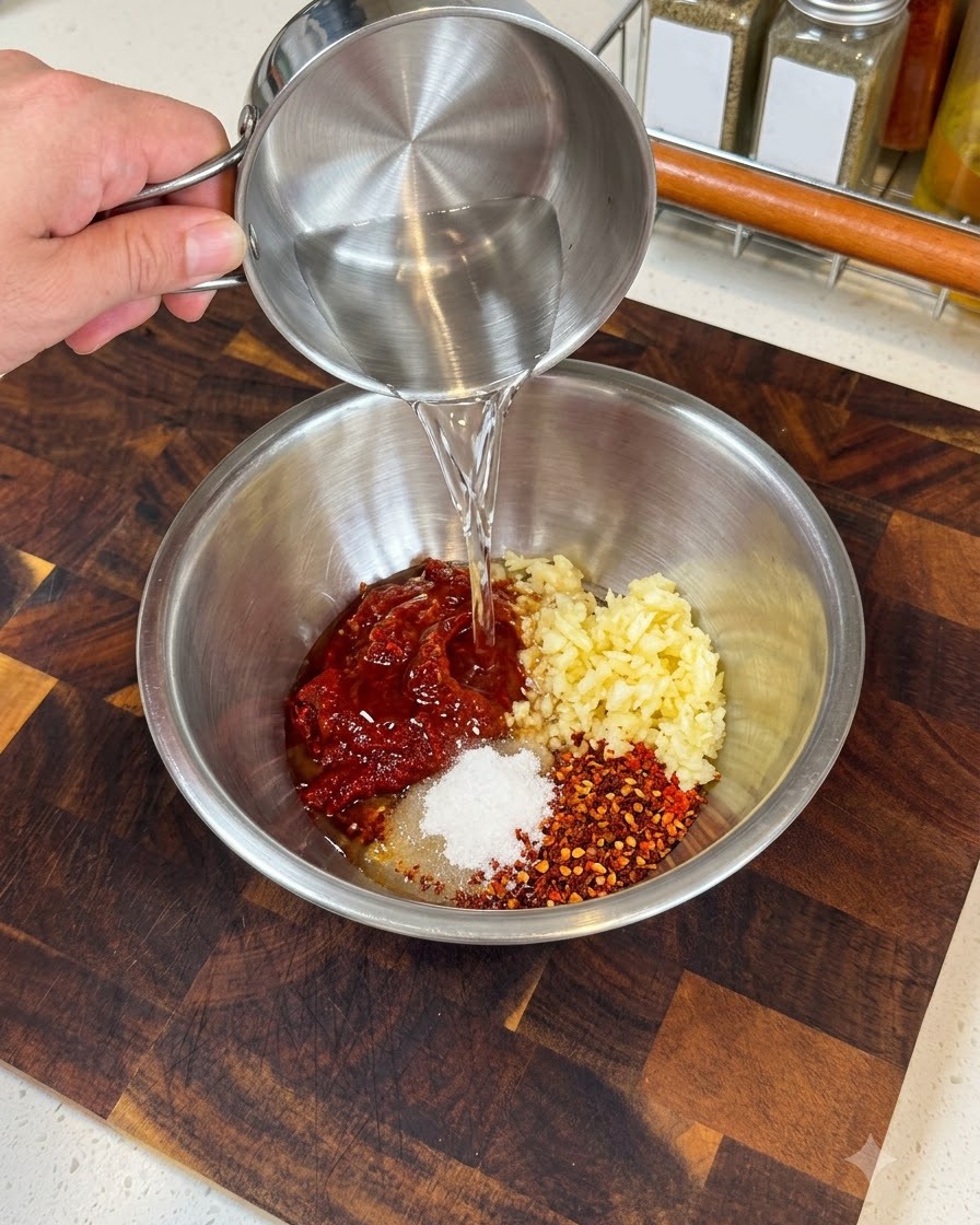 Acqua versata in una ciotola di metallo contenente gli ingredienti della salsa, pronta per essere mescolata.