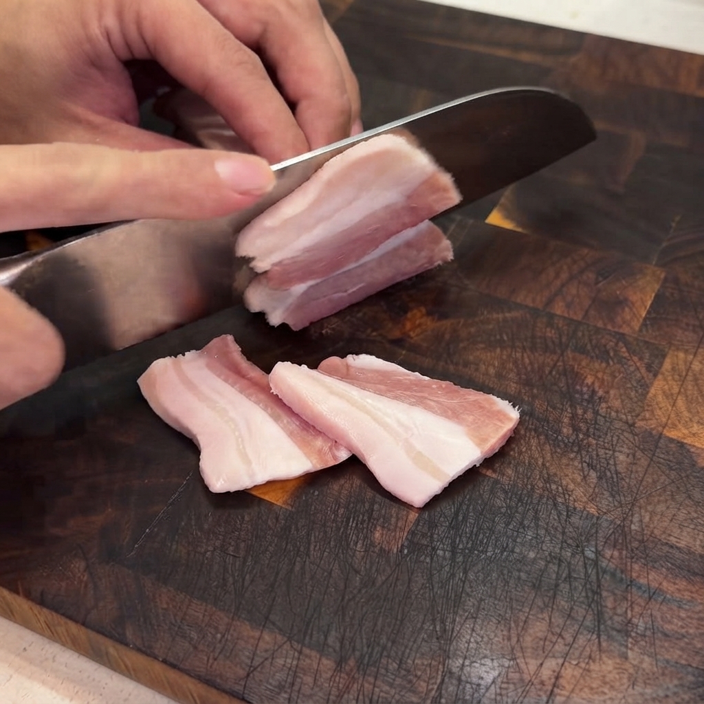 Un coltello da cucina taglia la pancetta di maiale senza pelle a fette sottili su un tagliere di legno.