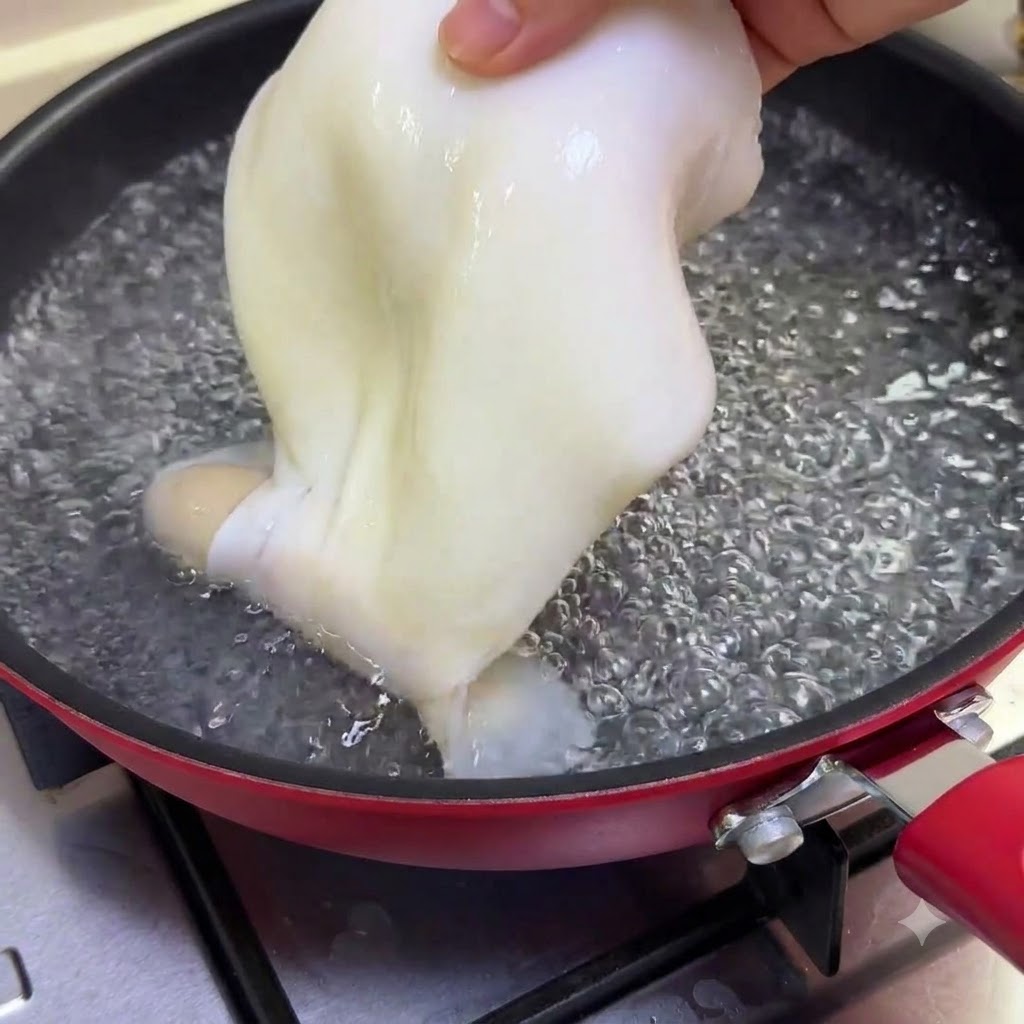Un calamaro intero viene immerso in una pentola di acqua bollente per essere sbollentato per 30 secondi.