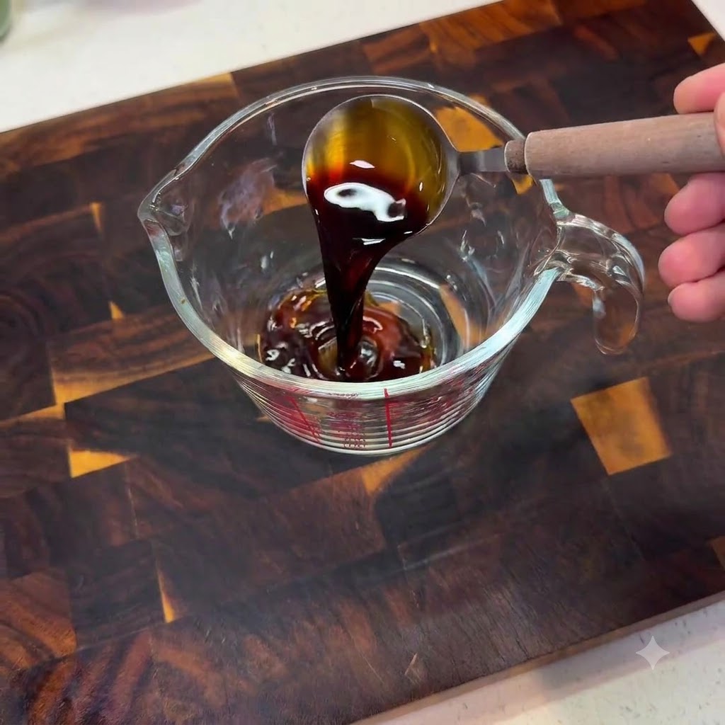 La salsa di soia leggera viene versata da un cucchiaio in un misurino di vetro su una superficie di legno.