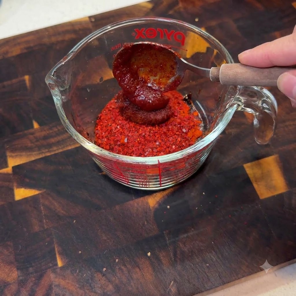Un misurino contenente peperoncino in polvere e pasta viene mescolato accuratamente con un cucchiaio.