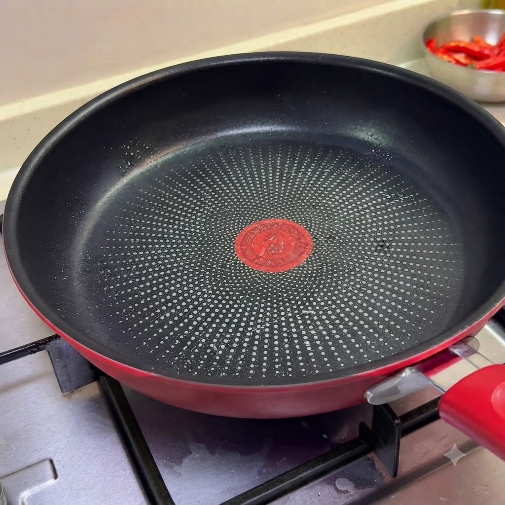 Una padella antiaderente calda e vuota su un piano cottura pronta per cuocere le fette di pancetta.
