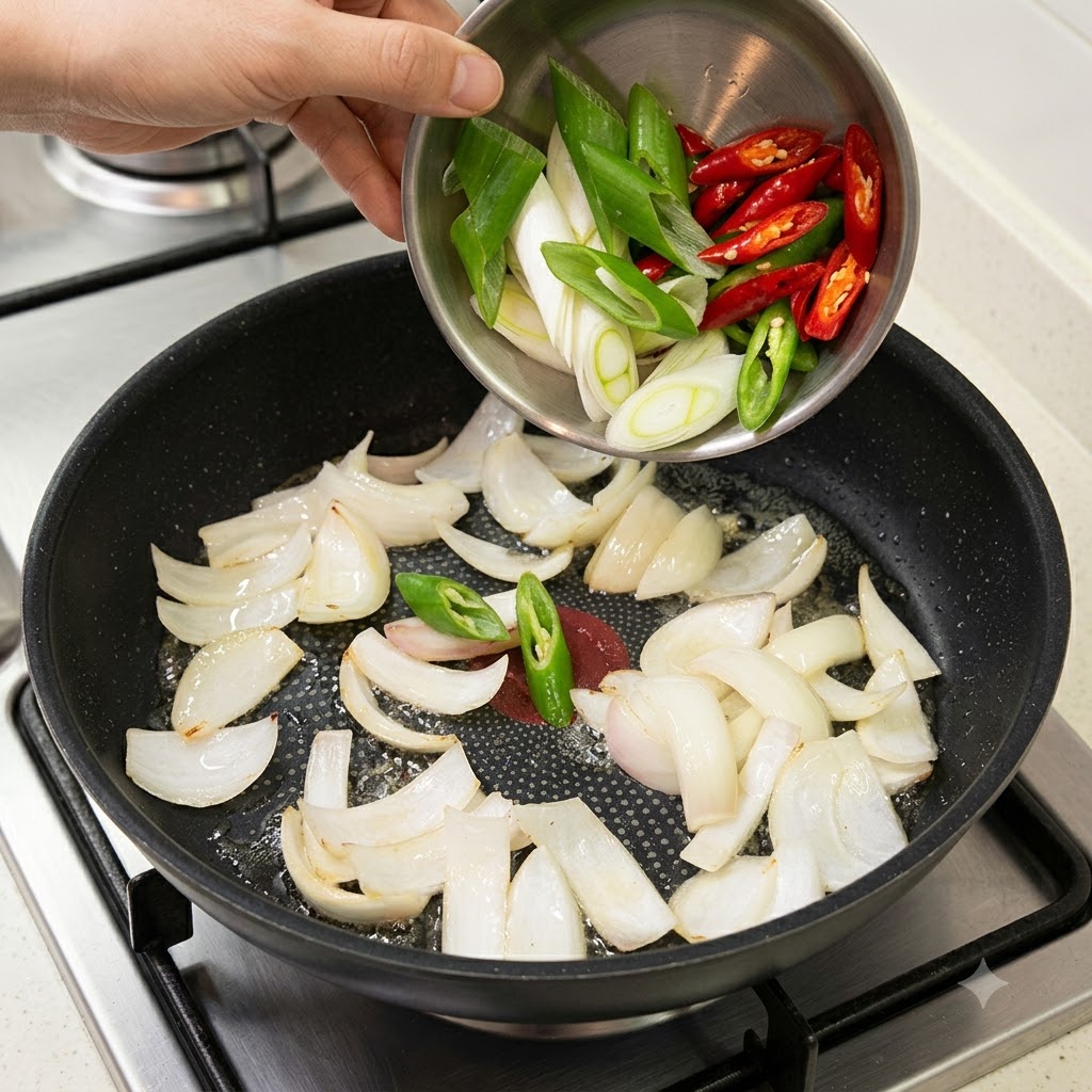Una ciotola di metallo che versa fettine di peperoncino verde e rosso e cipollotti nella padella con le cipolle.