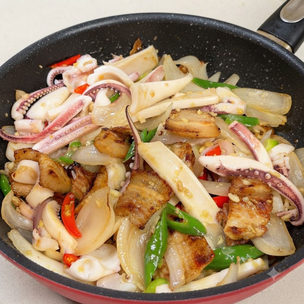 Una padella contenente calamari, pancetta, cipolle e peperoncini pronta per far saltare la salsa.