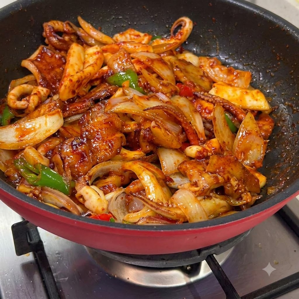 Calamari e pancetta di maiale saltati in un wok con verdure e ricca salsa rossa.