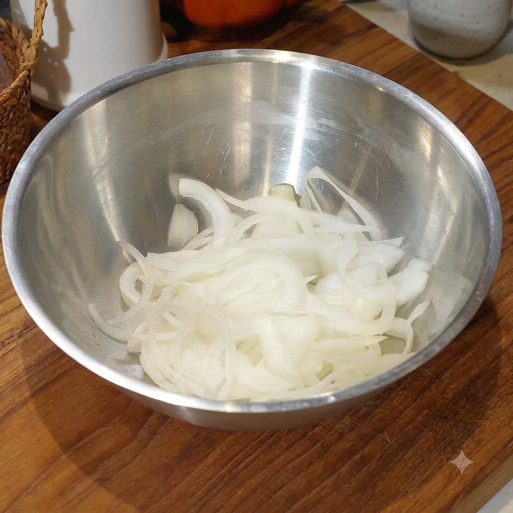 Una ciotola riempita di cipolle bianche affettate sommerse nellacqua su un tagliere di legno.