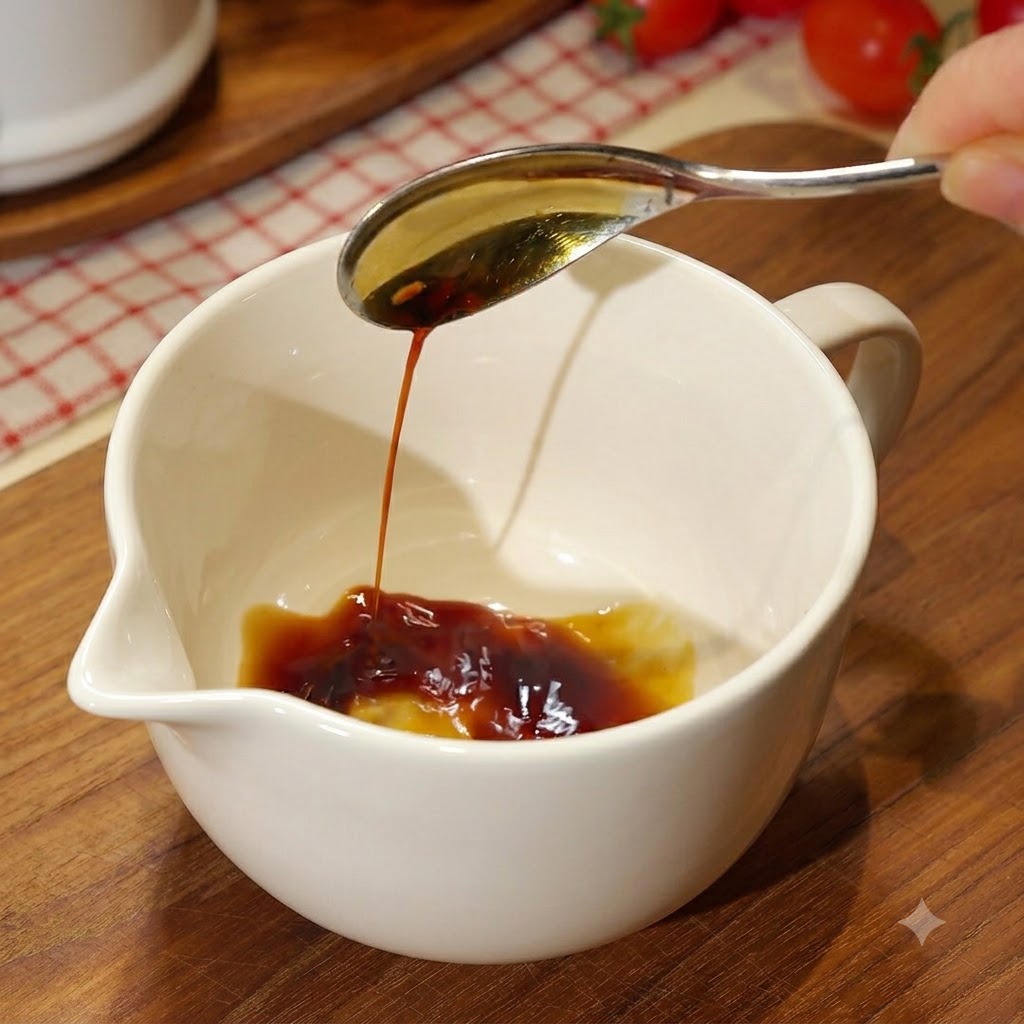 Un misurino bianco con gli ingredienti della salsa scura mescolati con un cucchiaio.
