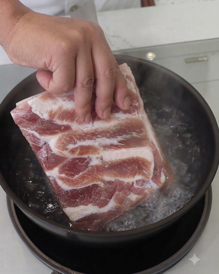 Un blocco di pancetta di maiale cruda calato in una pentola di acqua bollente gorgogliante.