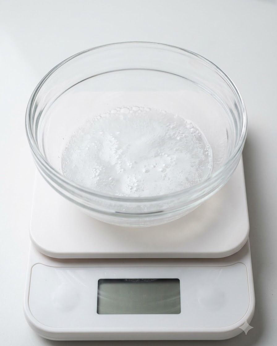Una ciotola di vetro contenente una miscela frizzante di aceto bianco e soda posata su una bilancia digitale bianca.