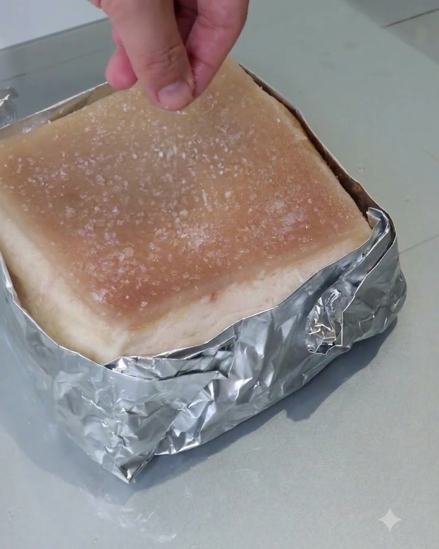 Una mano che cosparge uniformemente sale grosso sulla superficie di un pezzo di pancetta di maiale avvolto in alluminio.