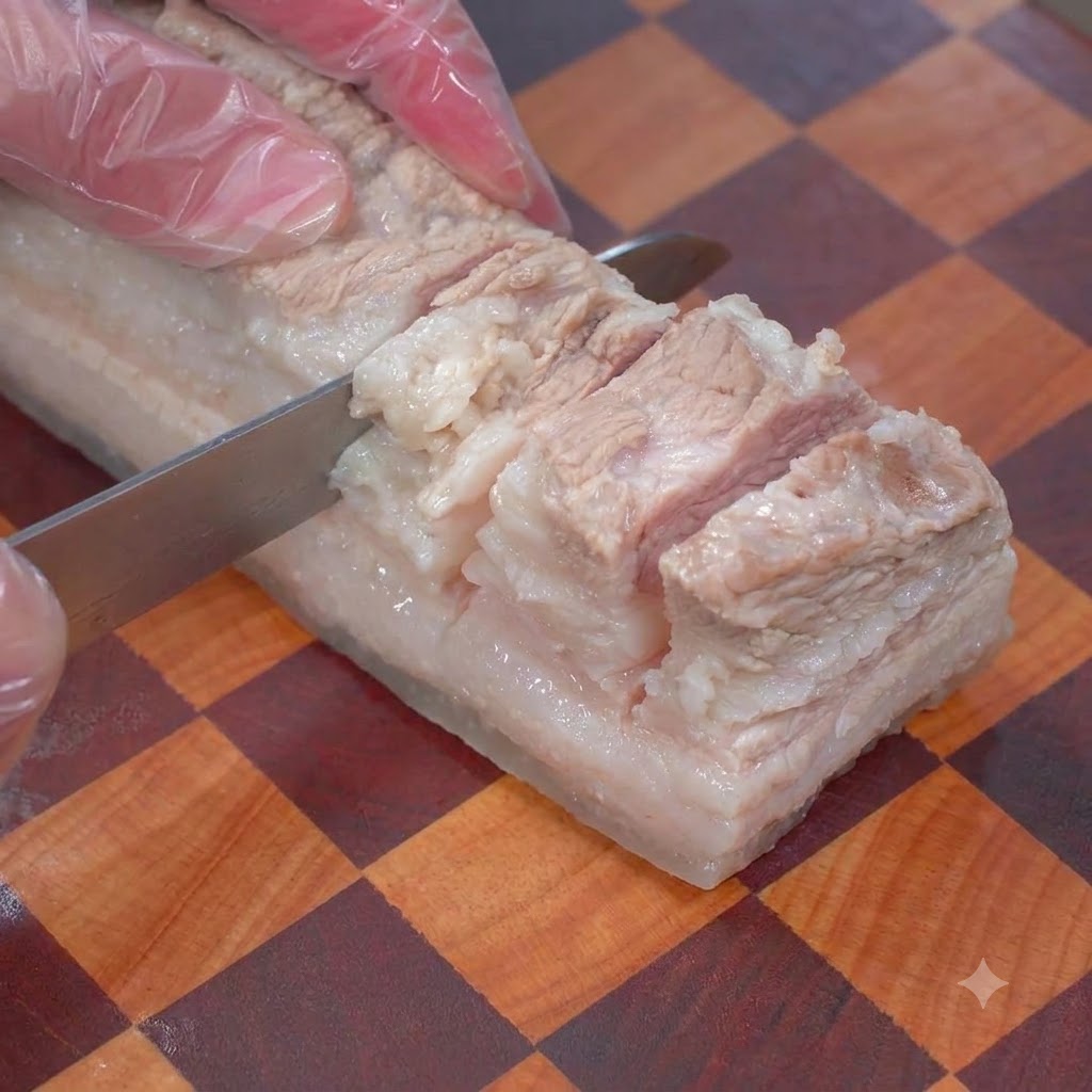 Un coltello che pratica incisioni verticali su una striscia di pancia di maiale bollita su un tagliere.