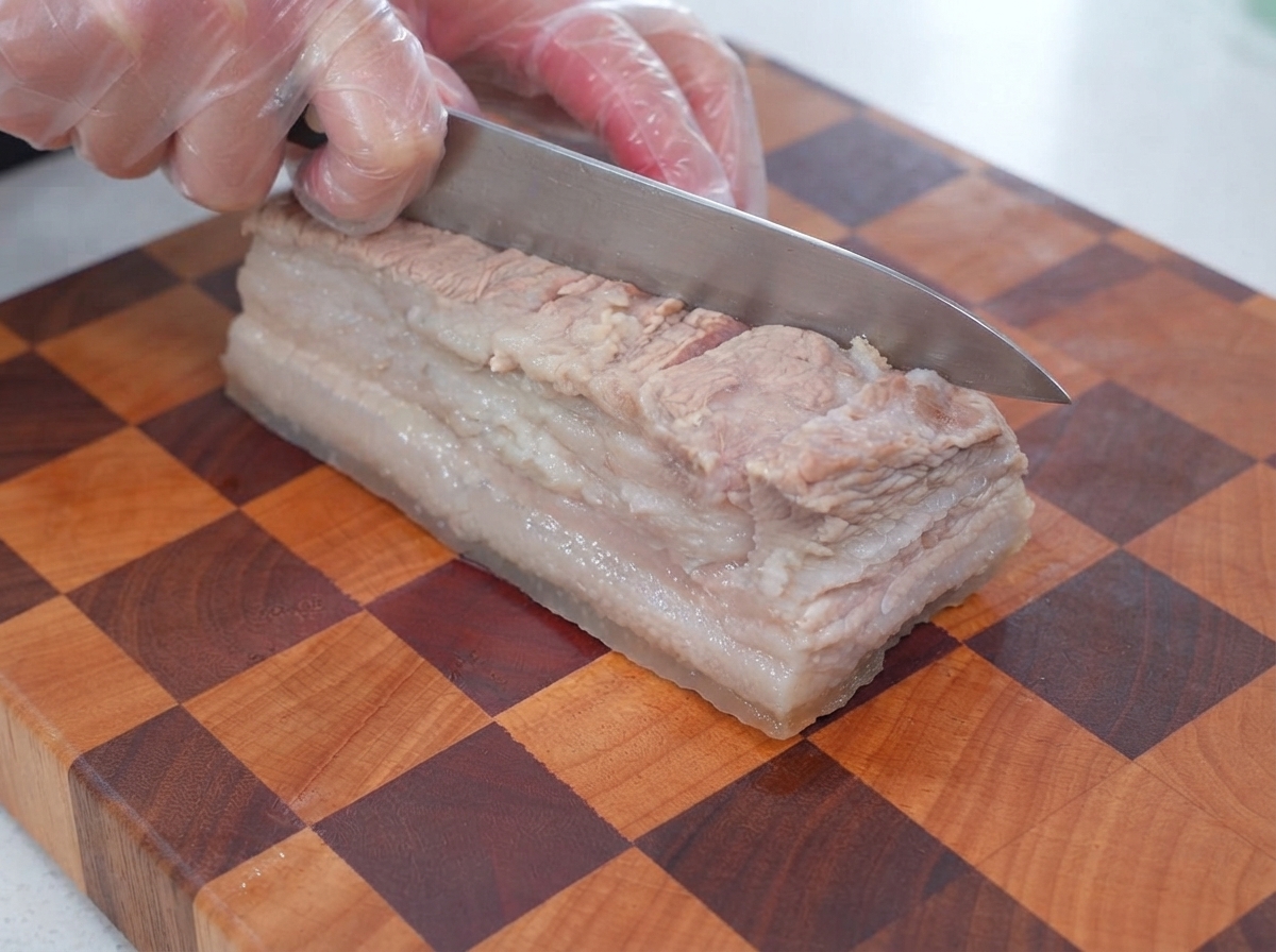 Salsa di soia chiara e salsa di ostriche versate sopra strisce di pancia di maiale incise.