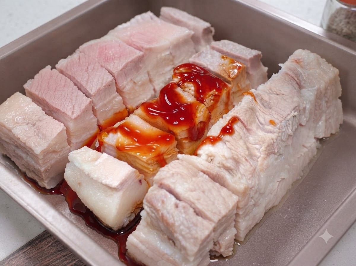 Polvere di condimento BBQ applicata e massaggiata sulle strisce di pancia di maiale.