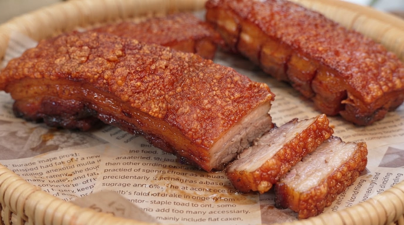 Fette di pancia di maiale croccante marrone dorato con pelle scoppiettante e carne tenera servite su carta da forno allinterno di un cestino di vimini.