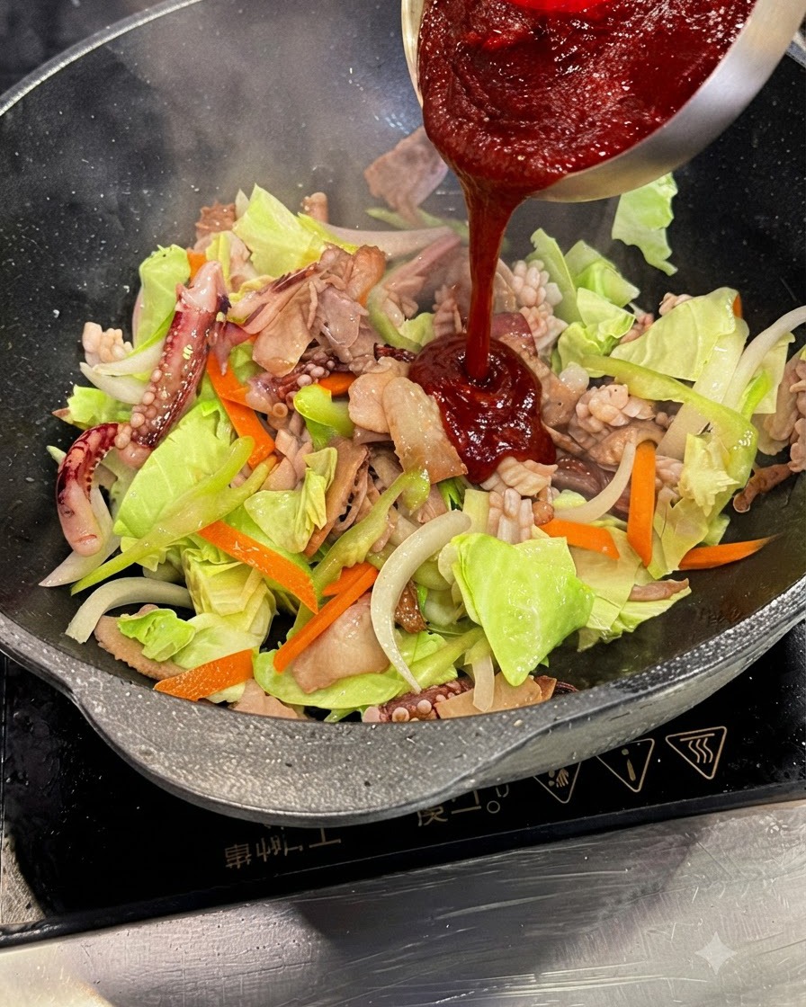 Salsa densa e rossa per saltare i totani versata da una ciotola dacciaio nel wok.