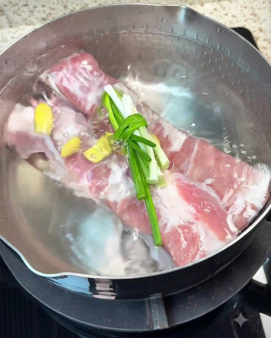 Pezzi di pancetta di maiale che sobbollono in pentola con zenzero, cipollotti e spezie aromatiche.