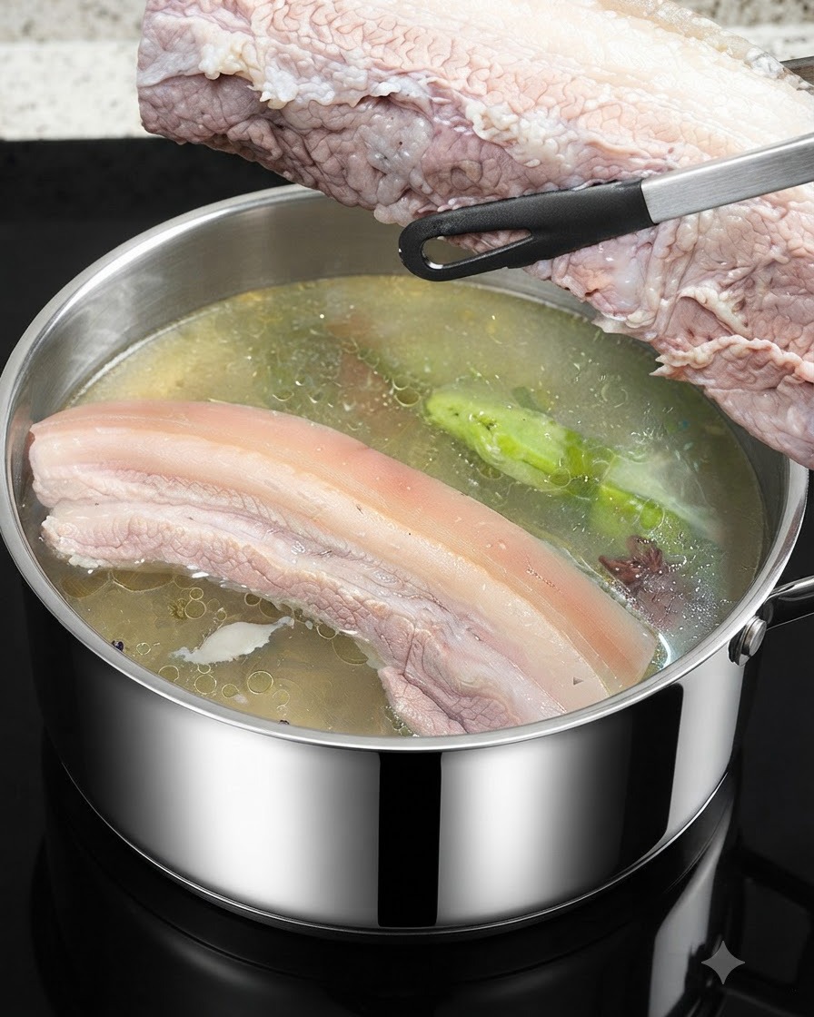 Pancetta di maiale sbollentata tagliata a fette mantenendo la cotenna unita alla base.