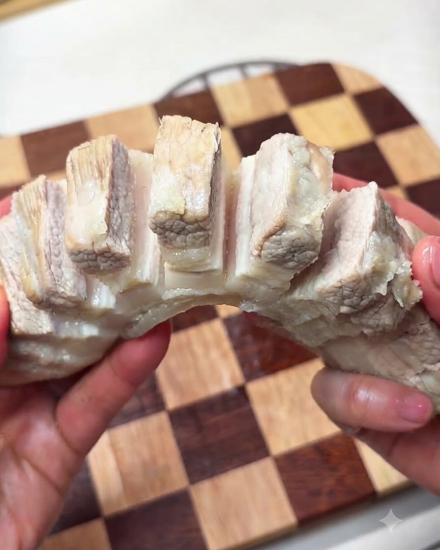 Salse e spezie versate uniformemente sui tagli della pancetta di maiale.