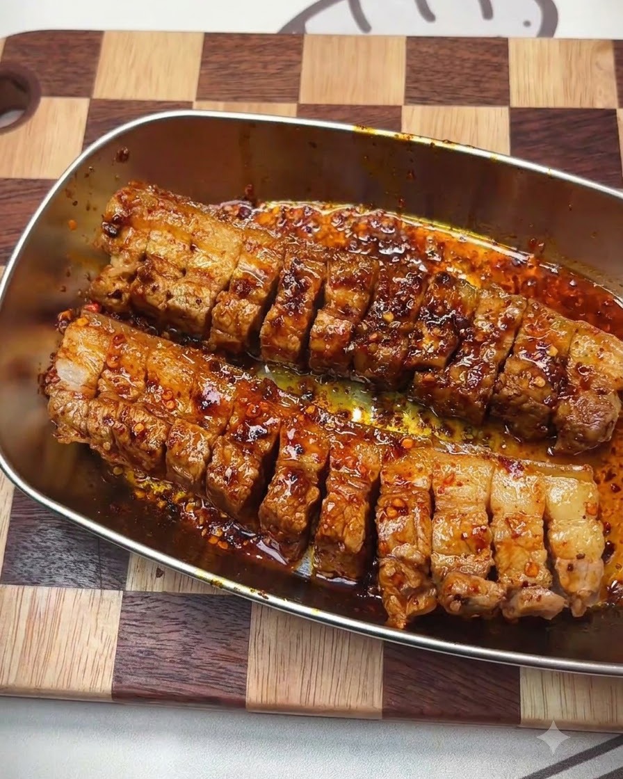 Mano con guanto che massaggia la marinata tra le fessure della carne di maiale.