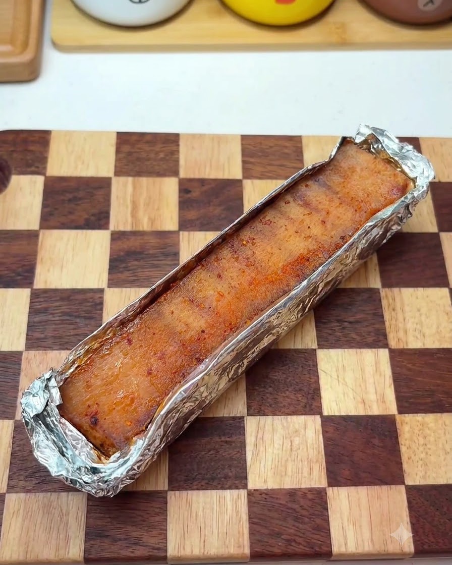 Pancetta di maiale fissata con stuzzicadenti e avvolta saldamente in fogli di alluminio.