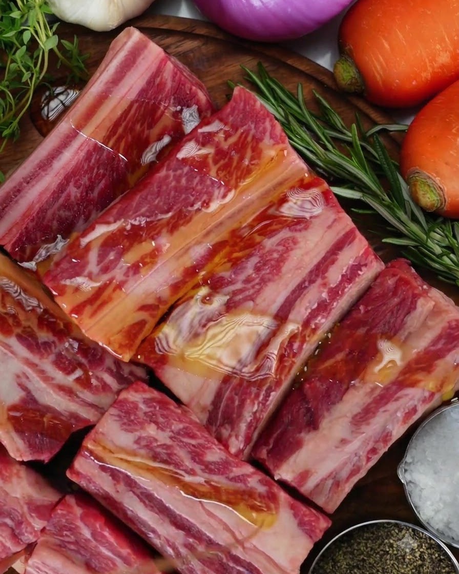 Costine di manzo crude disposte su un tagliere di legno, lucide di olio doliva accanto a una ciotola di sale marino grosso e pepe nero.