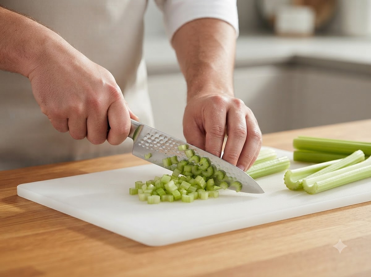 Un paio di mani che usano un coltello da chef per tagliare il sedano a piccoli cubetti su un tagliere bianco.