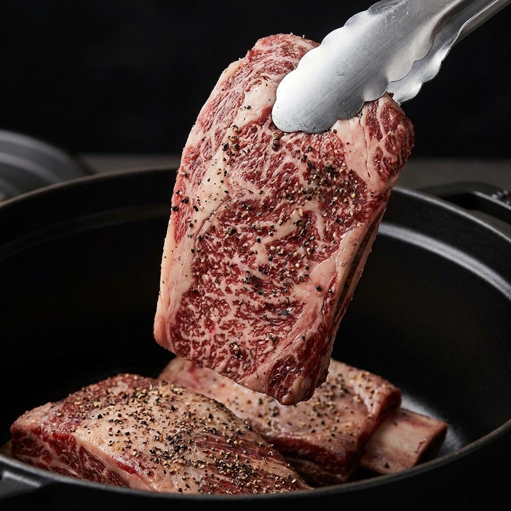 Pinze che mettono una costina di manzo condita in una pentola di ghisa nera calda, con altre costine già dorate allinterno.