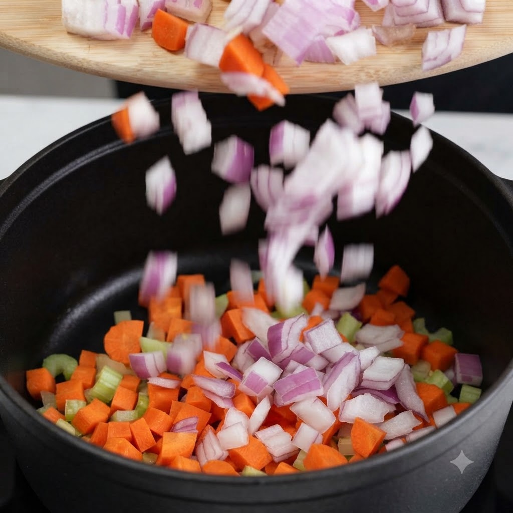 Cipolle e carote tritate versate da un tagliere di legno in una pentola calda contenente verdure già saltate.