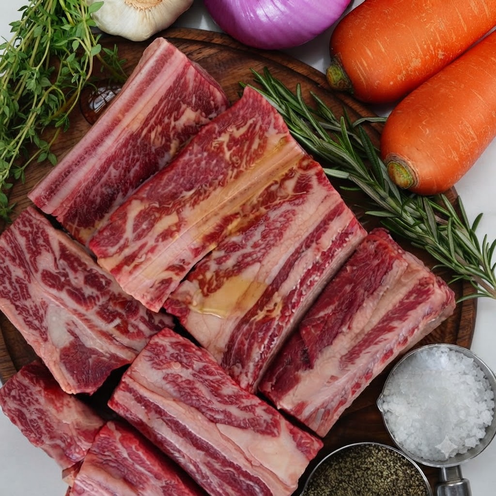 Una testa daglio tagliata a metà e rametti di erbe fresche aggiunti nella pentola delle costine.